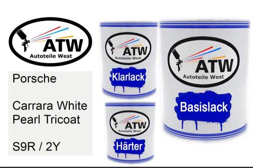 Porsche, Carrara White Pearl Tricoat, S9R / 2Y: 1L Lackdose + 1L Klarlack + 500ml Härter - Set, von ATW Autoteile West.